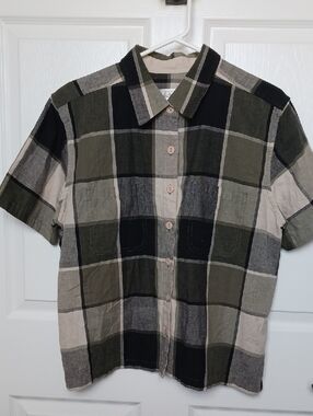Christopher & Banks 100% cotton Olive Black Cream Plaid Short Sleeve Button-Up